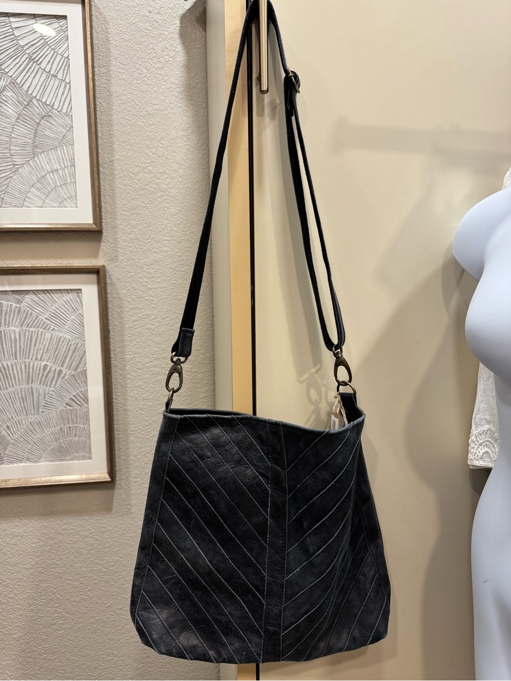 Black/dark grey distressed Chevron-Stitch Leather Shoulder Bag